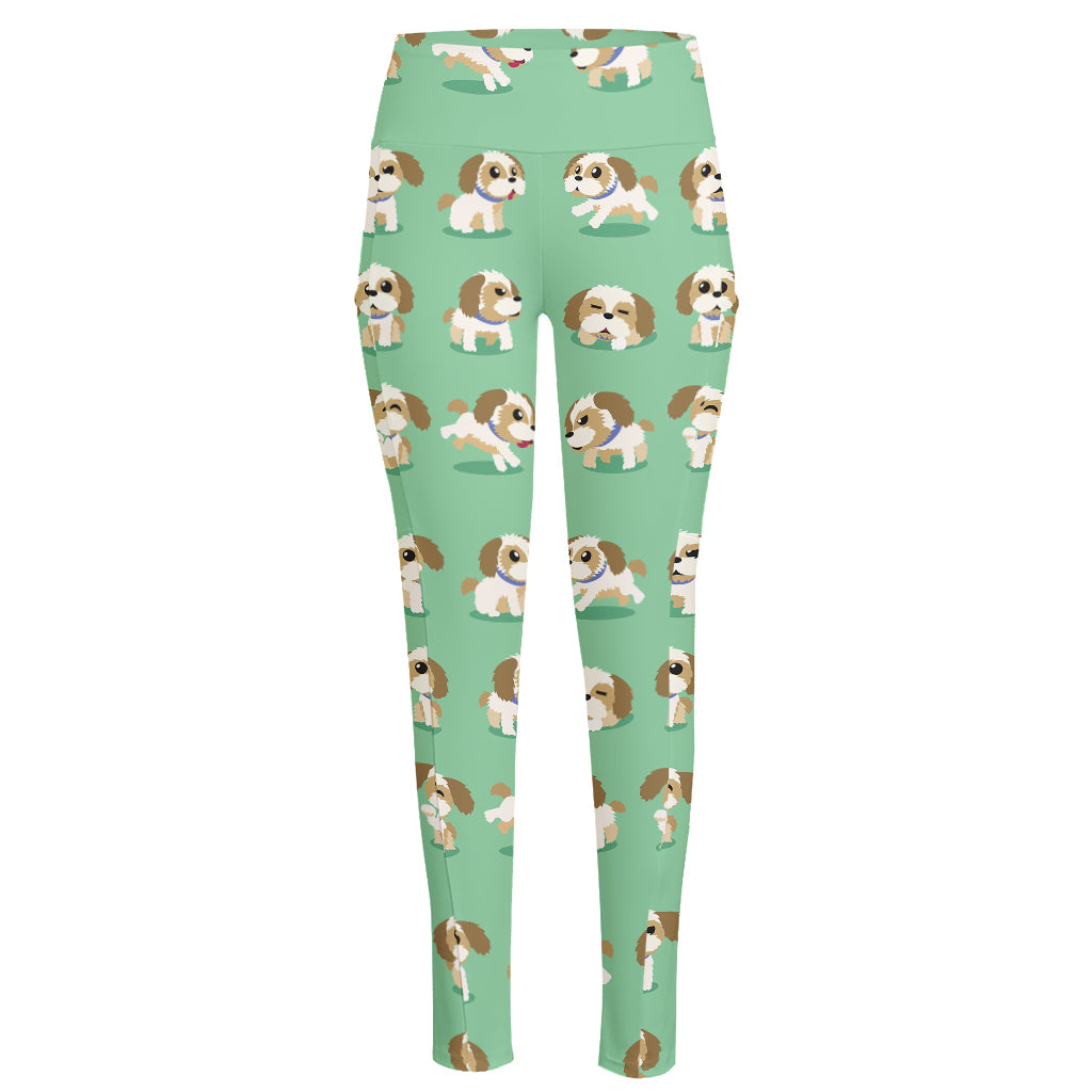 Cartoon Shih Tzu Pattern Print High-Waisted Pocket Leggings