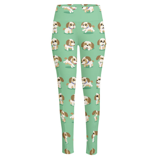 Cartoon Shih Tzu Pattern Print High-Waisted Pocket Leggings