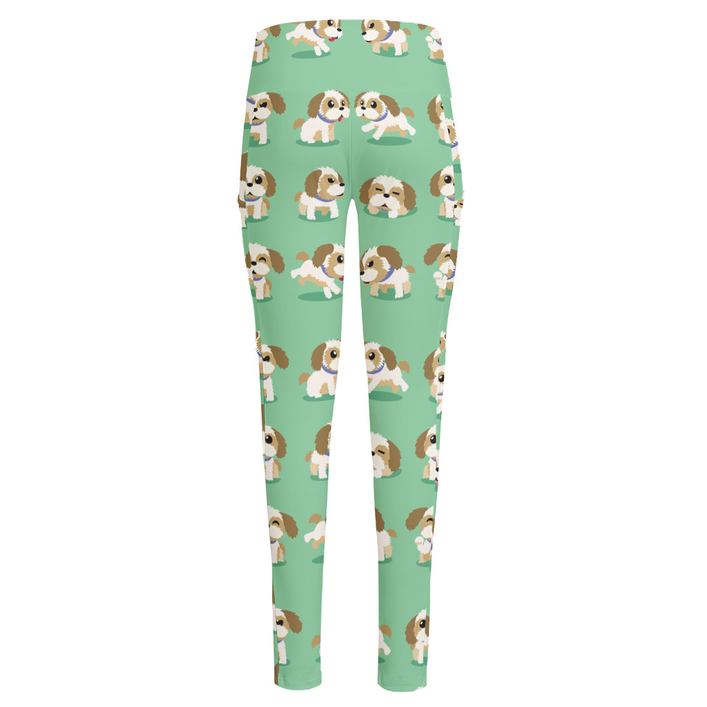 Cartoon Shih Tzu Pattern Print High-Waisted Pocket Leggings