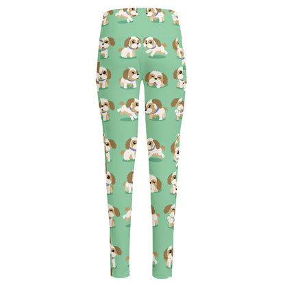 Cartoon Shih Tzu Pattern Print High-Waisted Pocket Leggings