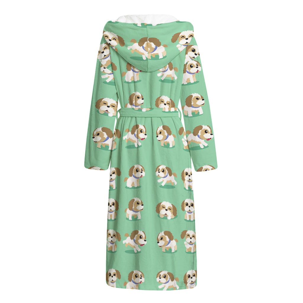 Cartoon Shih Tzu Pattern Print Hooded Bathrobe