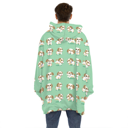 Cartoon Shih Tzu Pattern Print Hoodie Blanket