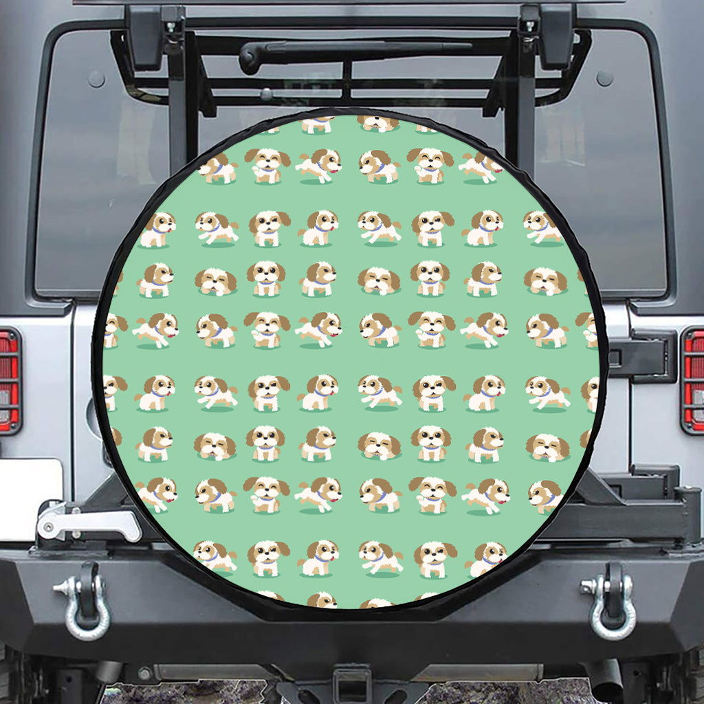 Cartoon Shih Tzu Pattern Print Leather Spare Tire Cover