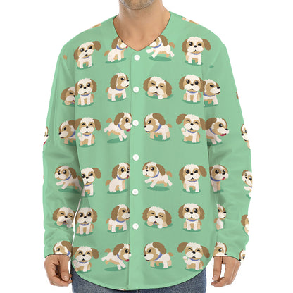 Cartoon Shih Tzu Pattern Print Long Sleeve Baseball Jersey