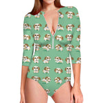 Cartoon Shih Tzu Pattern Print Long Sleeve Swimsuit