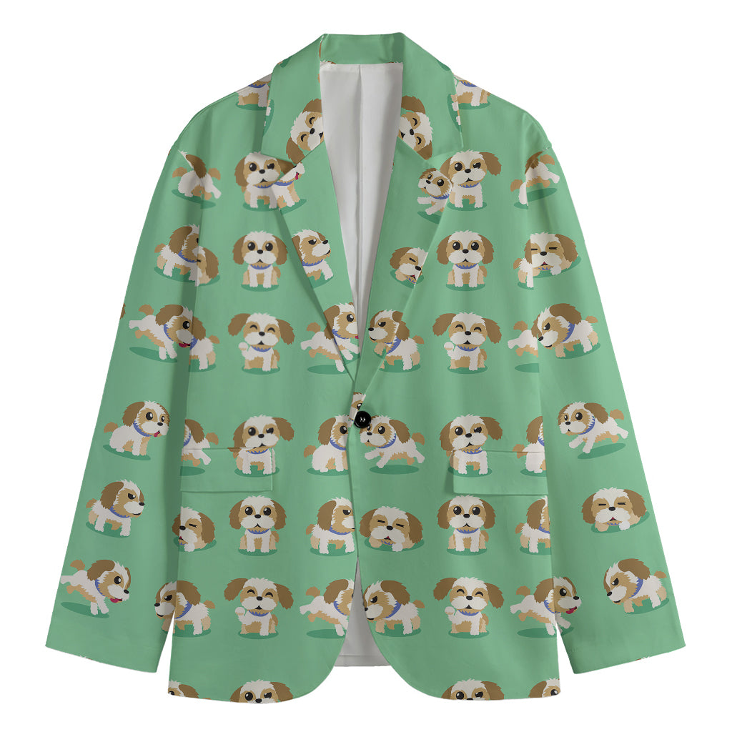 Cartoon Shih Tzu Pattern Print Men's Cotton Blazer