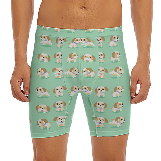 Cartoon Shih Tzu Pattern Print Men's Long Boxer Briefs