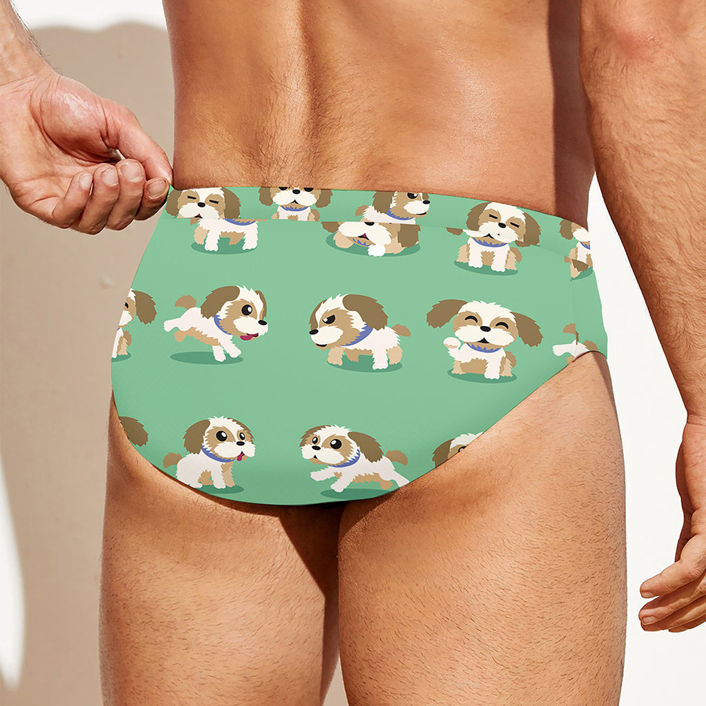 Cartoon Shih Tzu Pattern Print Men's Swim Briefs