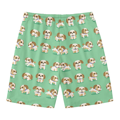 Cartoon Shih Tzu Pattern Print Men's Swim Trunks