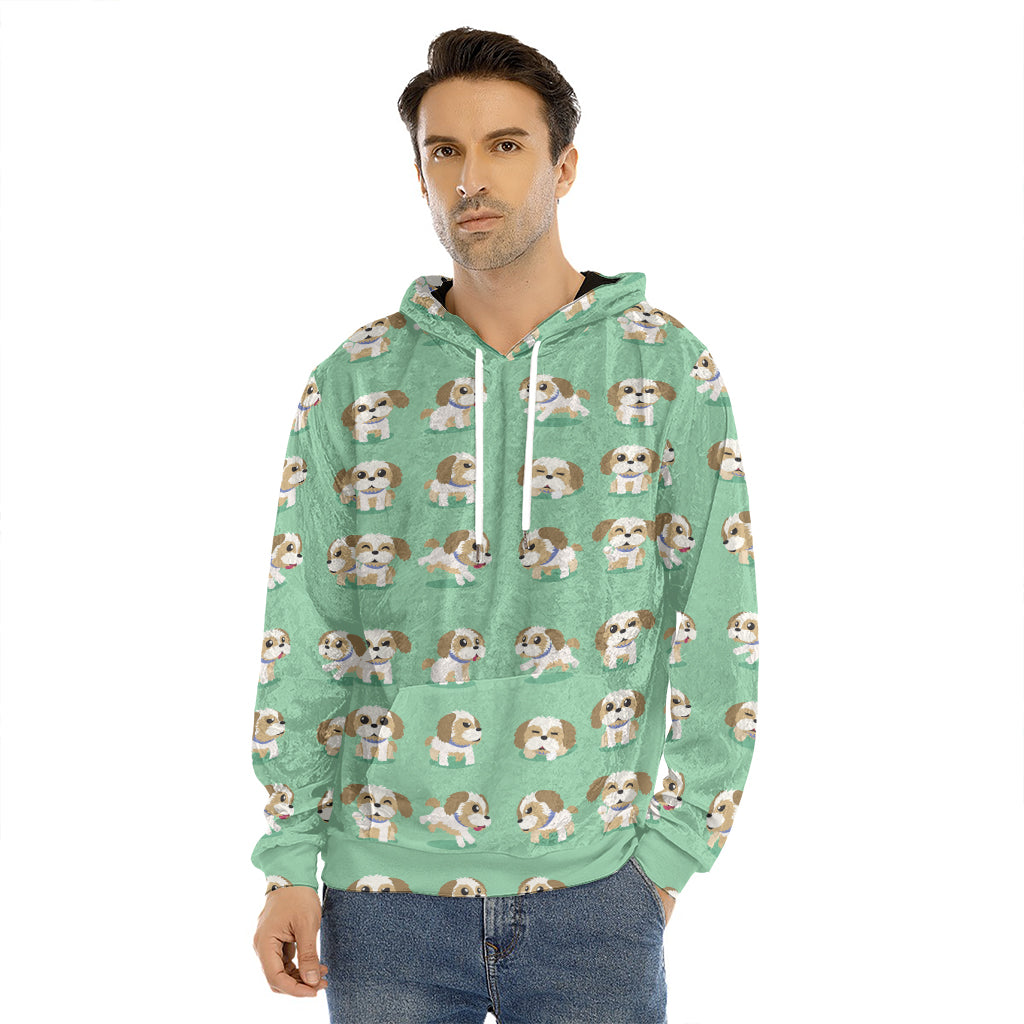 Cartoon Shih Tzu Pattern Print Men's Velvet Pullover Hoodie