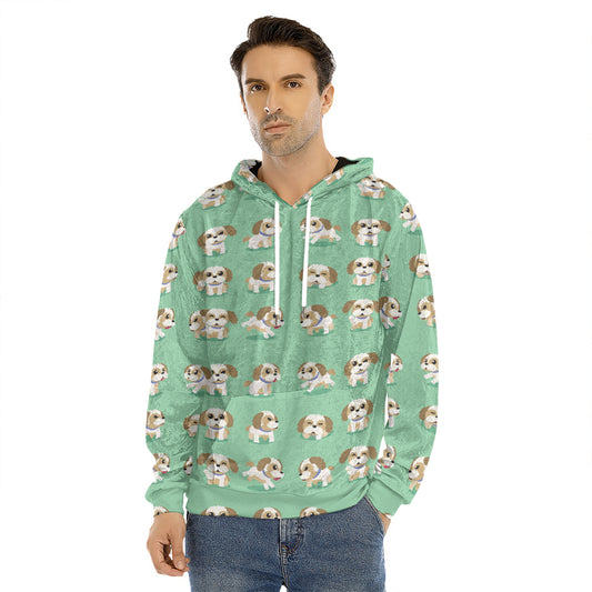 Cartoon Shih Tzu Pattern Print Men's Velvet Pullover Hoodie
