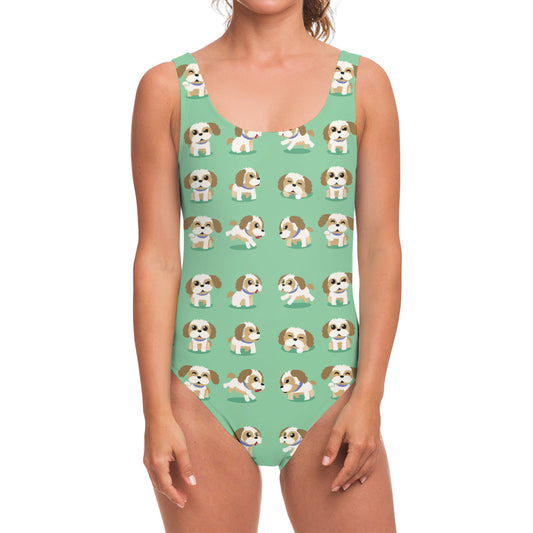Cartoon Shih Tzu Pattern Print One Piece Swimsuit
