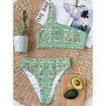 Cartoon Shih Tzu Pattern Print One Shoulder Bikini Top