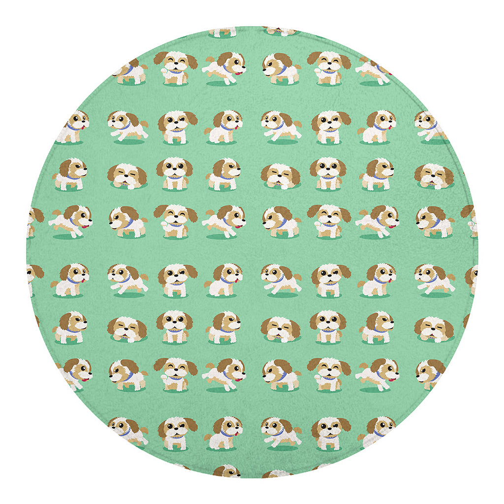 Cartoon Shih Tzu Pattern Print Round Blanket