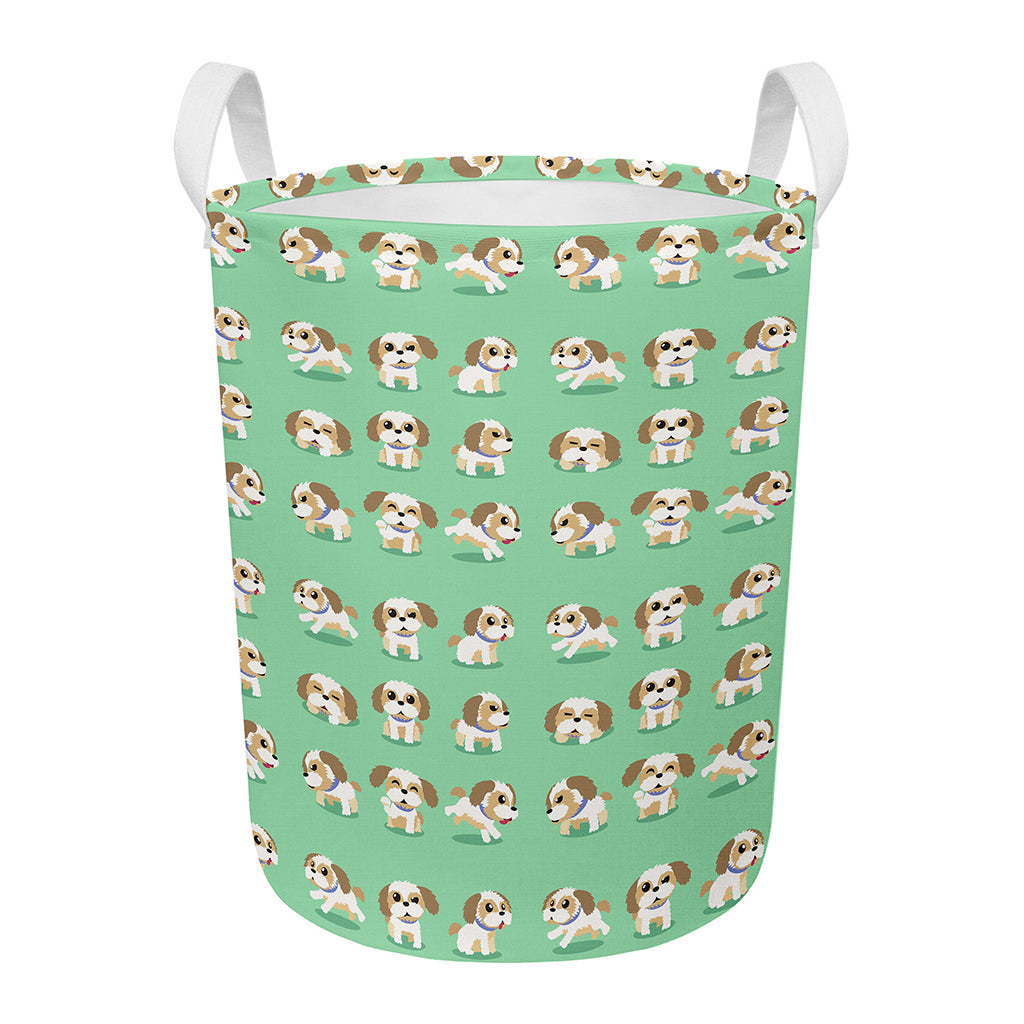 Cartoon Shih Tzu Pattern Print Round Laundry Basket
