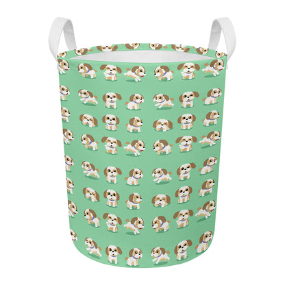 Cartoon Shih Tzu Pattern Print Round Laundry Basket
