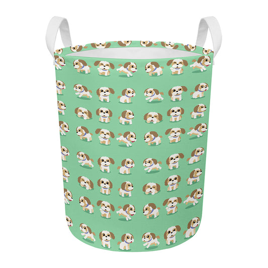 Cartoon Shih Tzu Pattern Print Round Laundry Basket