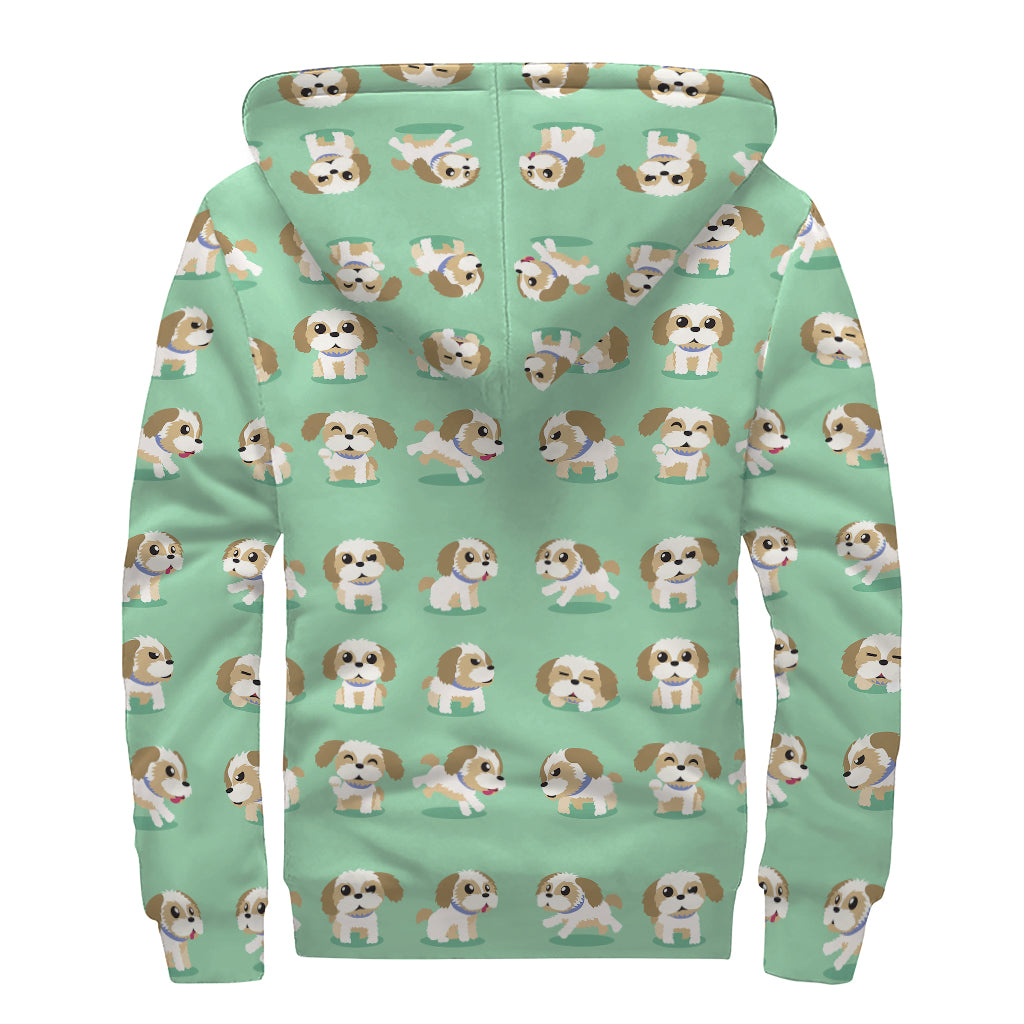 Cartoon Shih Tzu Pattern Print Sherpa Lined Zip Up Hoodie