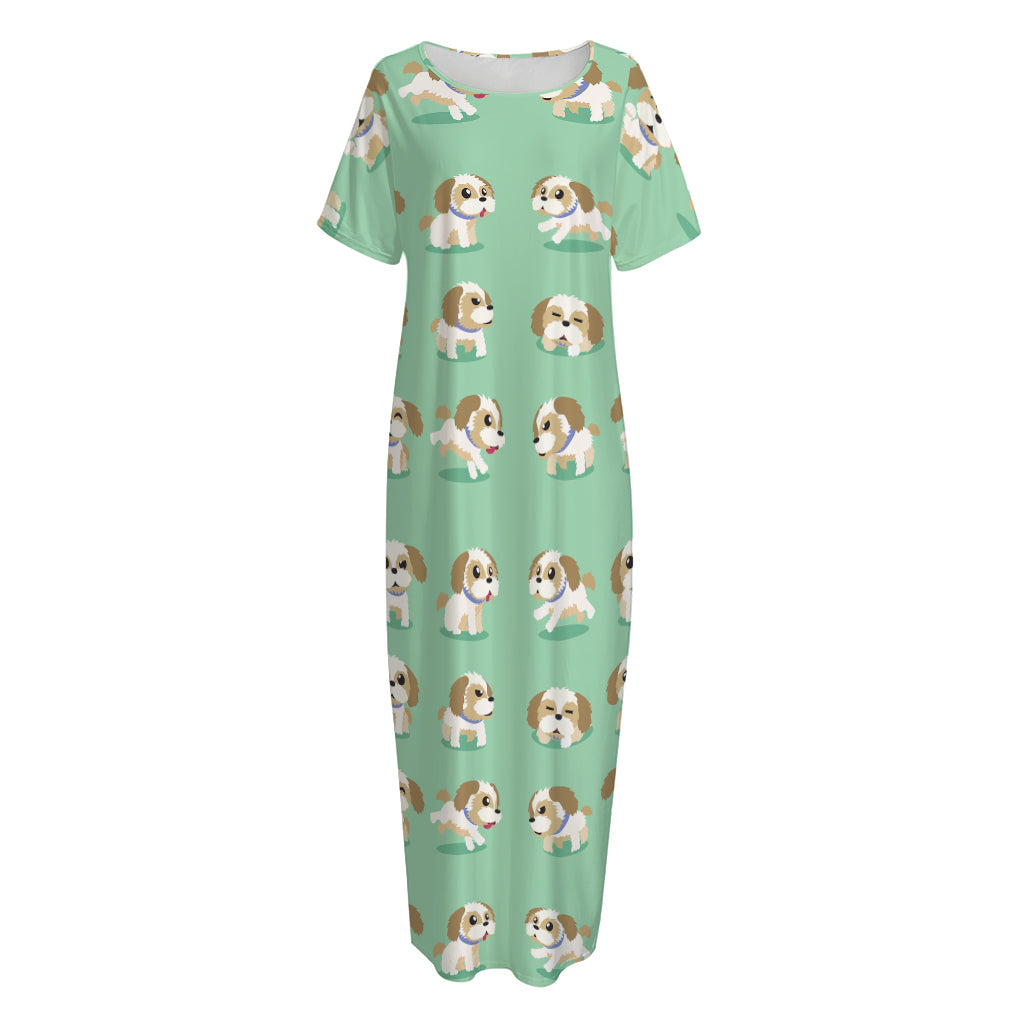 Cartoon Shih Tzu Pattern Print Short Sleeve Long Nightdress