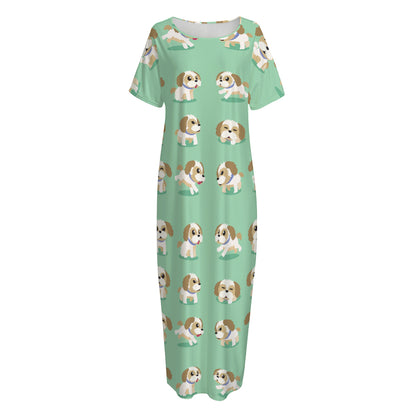 Cartoon Shih Tzu Pattern Print Short Sleeve Long Nightdress