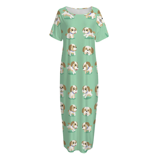 Cartoon Shih Tzu Pattern Print Short Sleeve Long Nightdress