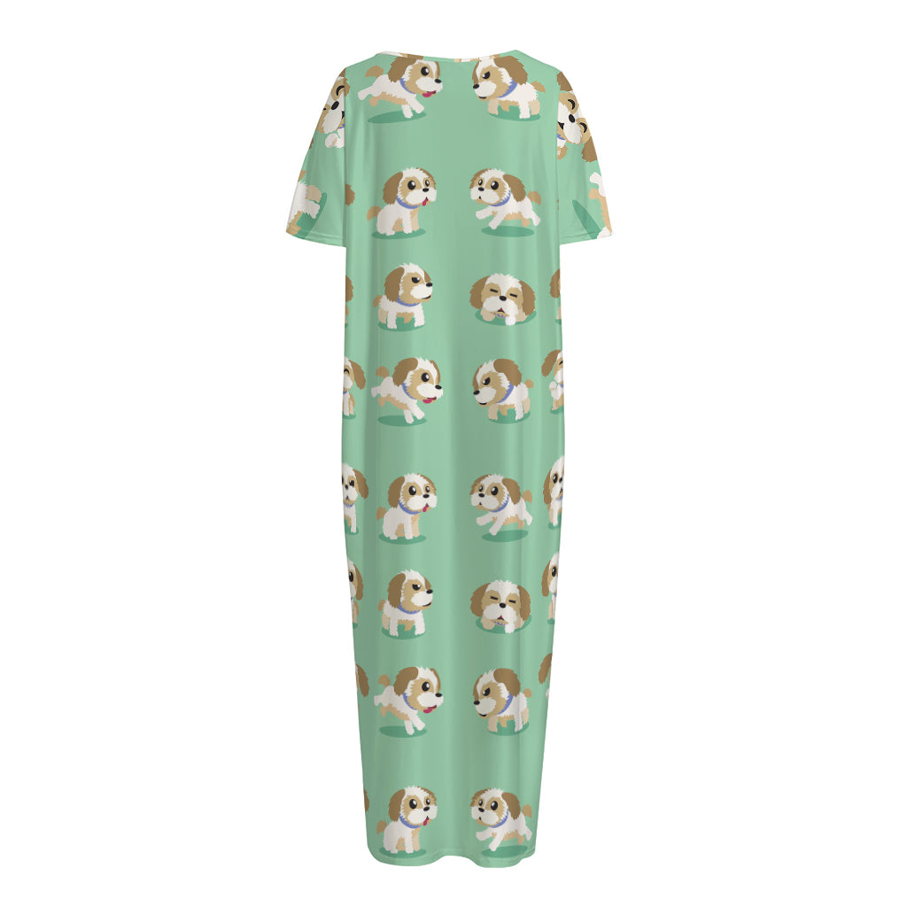 Cartoon Shih Tzu Pattern Print Short Sleeve Long Nightdress
