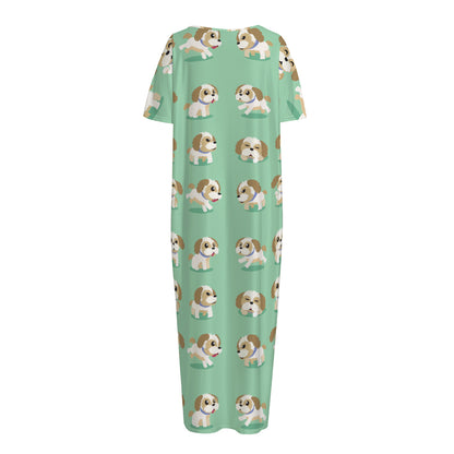 Cartoon Shih Tzu Pattern Print Short Sleeve Long Nightdress