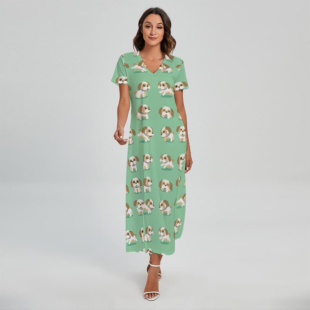 Cartoon Shih Tzu Pattern Print Short Sleeve Maxi Dress