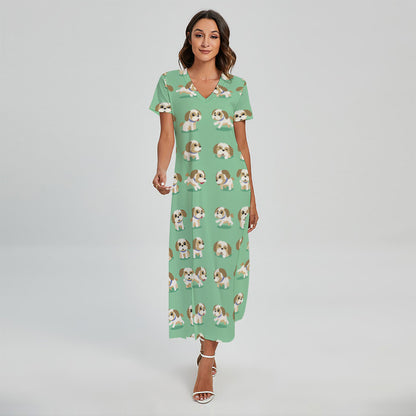 Cartoon Shih Tzu Pattern Print Short Sleeve Maxi Dress