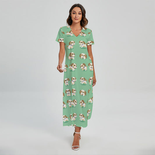 Cartoon Shih Tzu Pattern Print Short Sleeve Maxi Dress