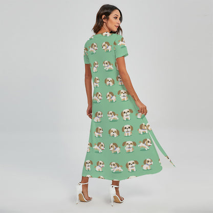 Cartoon Shih Tzu Pattern Print Short Sleeve Maxi Dress