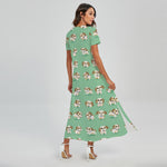 Cartoon Shih Tzu Pattern Print Short Sleeve Maxi Dress