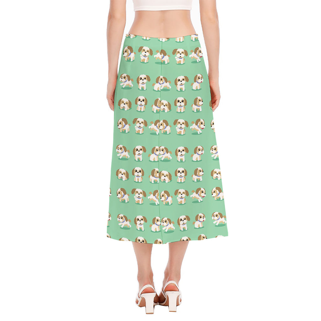 Cartoon Shih Tzu Pattern Print Side Slit Midi Skirt