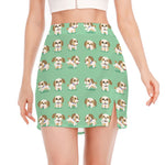Cartoon Shih Tzu Pattern Print Side Slit Mini Skirt