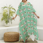 Cartoon Shih Tzu Pattern Print Silk V-Neck Kaftan Dress