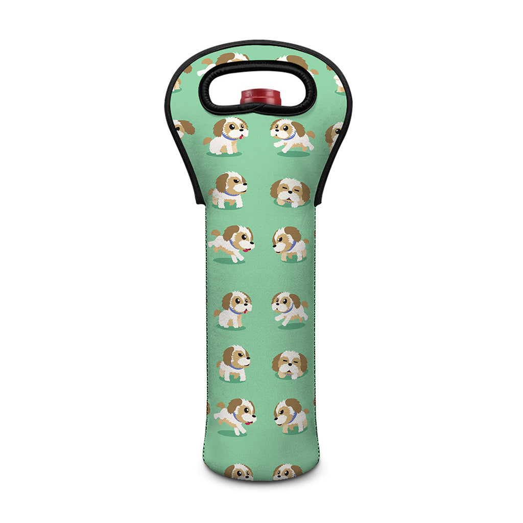 Cartoon Shih Tzu Pattern Print Single Neoprene Wine Tote
