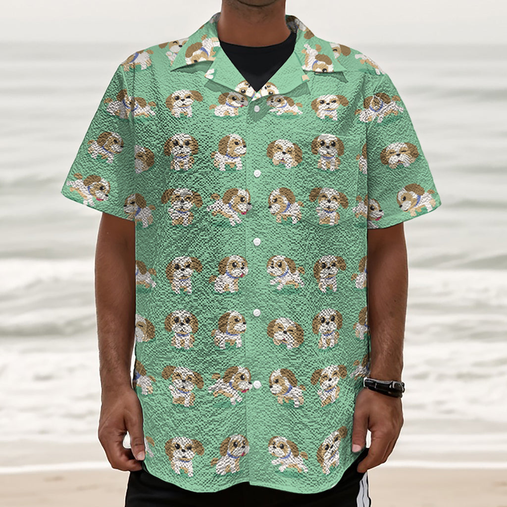 Cartoon Shih Tzu Pattern Print Textured Short Sleeve Shirt