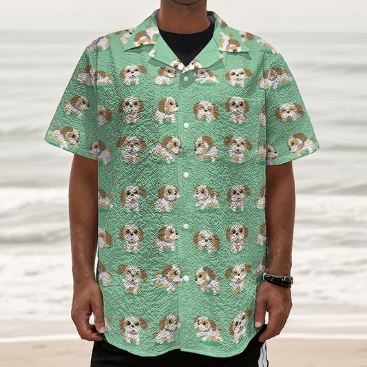 Cartoon Shih Tzu Pattern Print Textured Short Sleeve Shirt