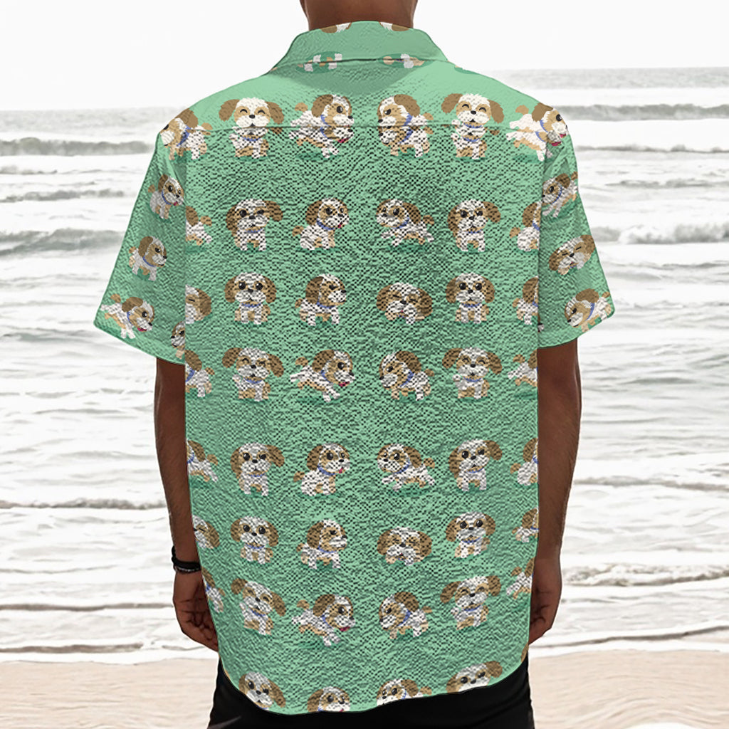 Cartoon Shih Tzu Pattern Print Textured Short Sleeve Shirt
