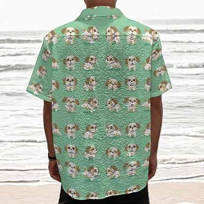 Cartoon Shih Tzu Pattern Print Textured Short Sleeve Shirt