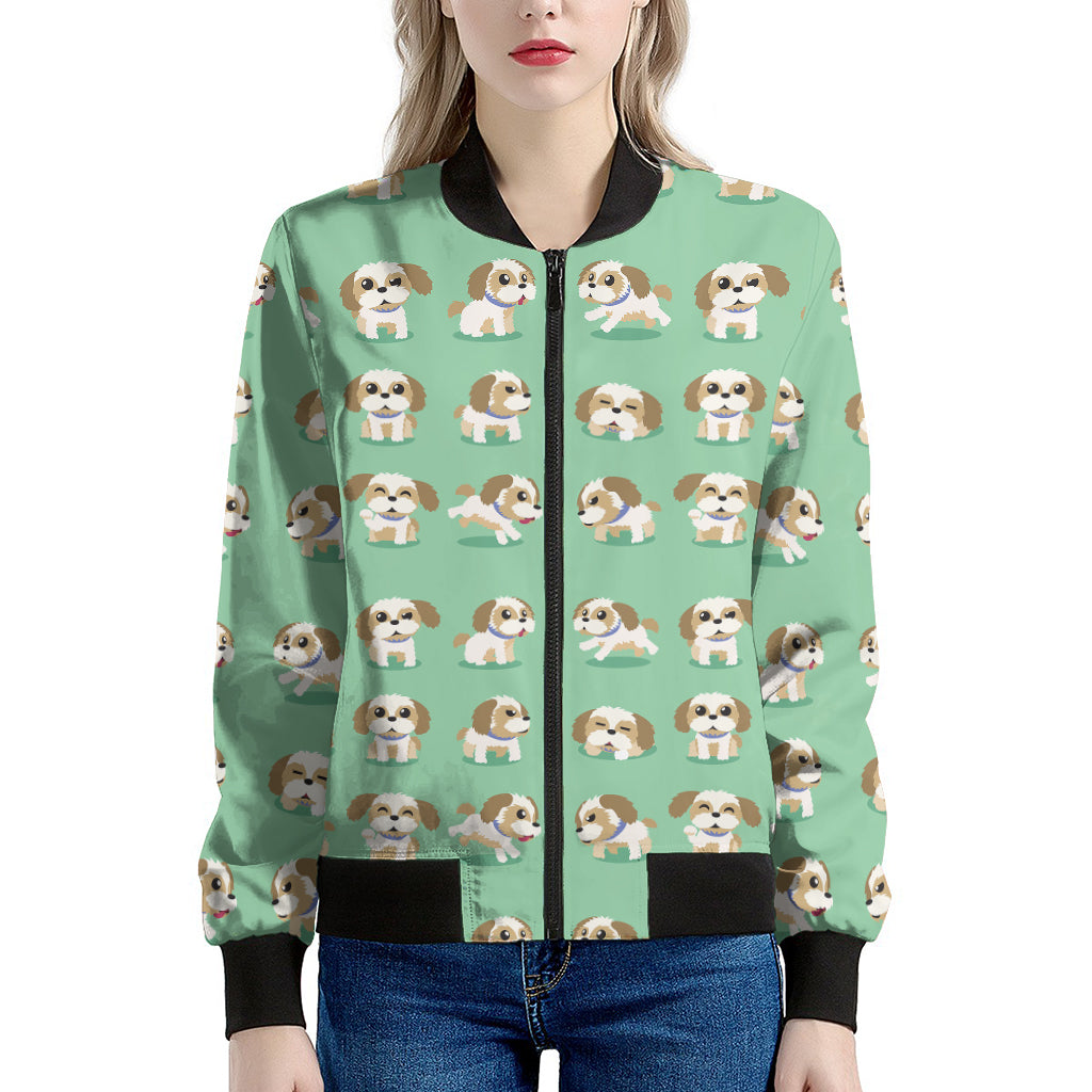 Cartoon Shih Tzu Pattern Print Women's Bomber Jacket