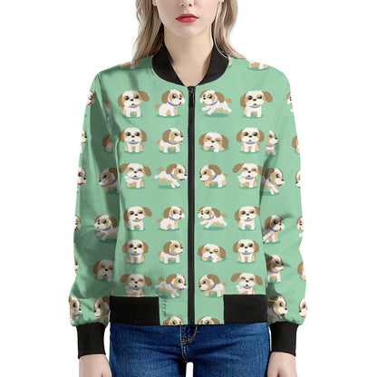 Cartoon Shih Tzu Pattern Print Women's Bomber Jacket