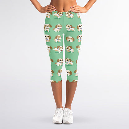Cartoon Shih Tzu Pattern Print Women's Capri Leggings