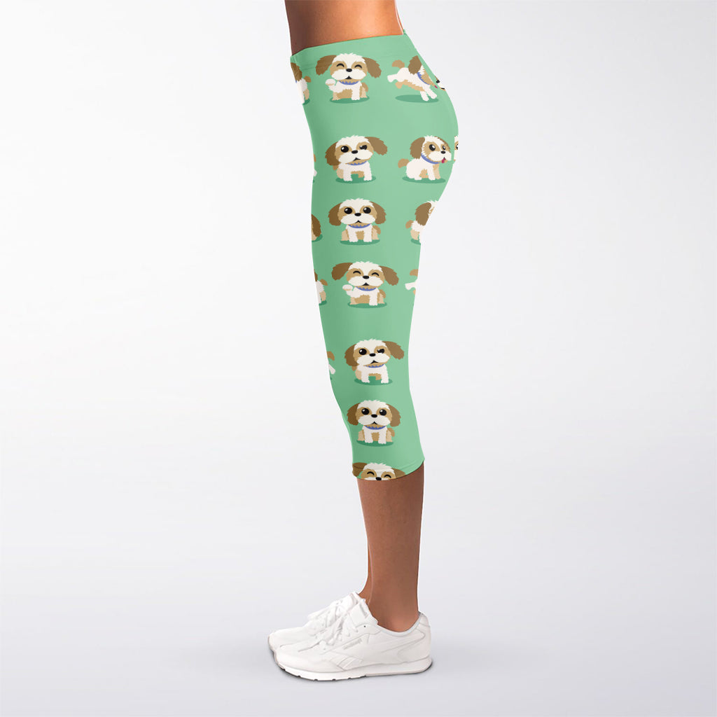 Cartoon Shih Tzu Pattern Print Women's Capri Leggings
