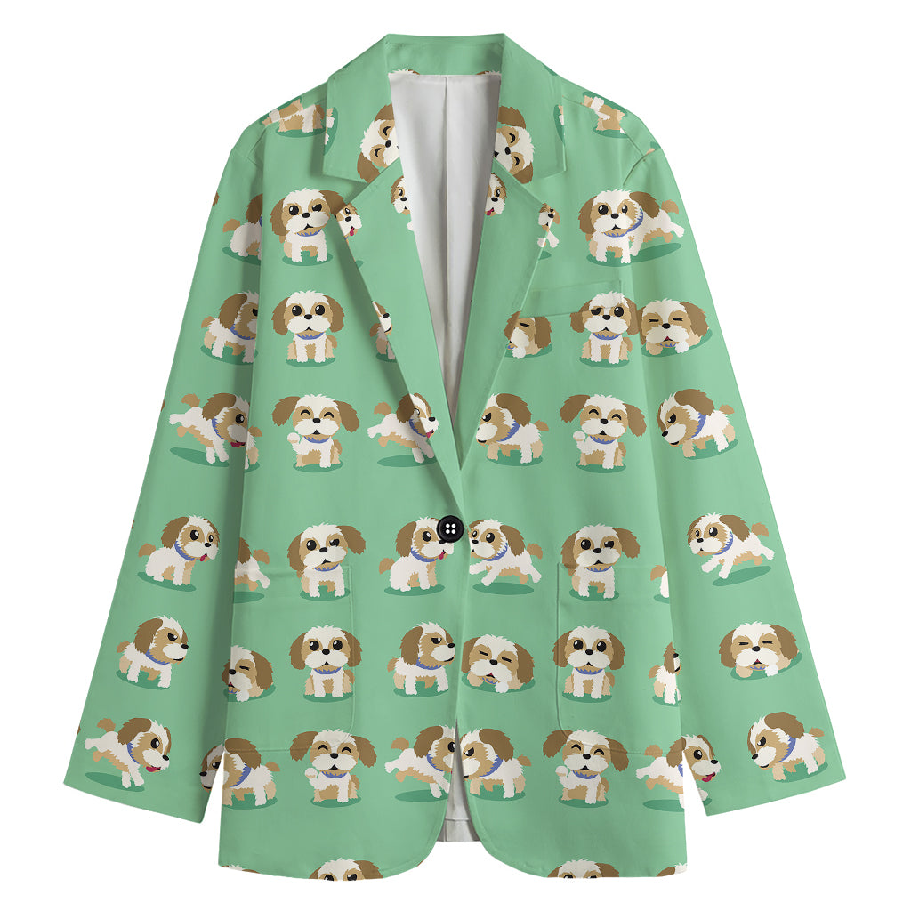 Cartoon Shih Tzu Pattern Print Women's Cotton Blazer