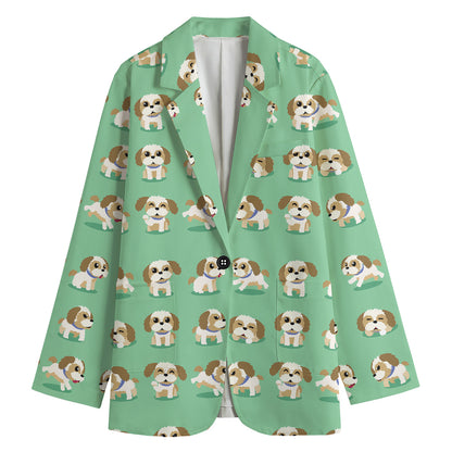 Cartoon Shih Tzu Pattern Print Women's Cotton Blazer