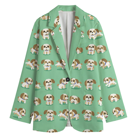 Cartoon Shih Tzu Pattern Print Women's Cotton Blazer