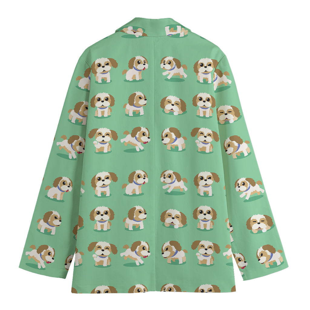 Cartoon Shih Tzu Pattern Print Women's Cotton Blazer