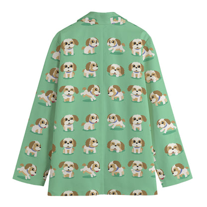 Cartoon Shih Tzu Pattern Print Women's Cotton Blazer