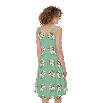 Cartoon Shih Tzu Pattern Print Women's Sleeveless Dress